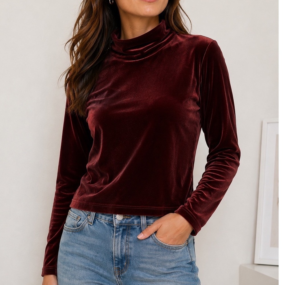 Moda International Velvet Top Burgundy Mock Neck Stretch Long Sleeve Y2K Women M